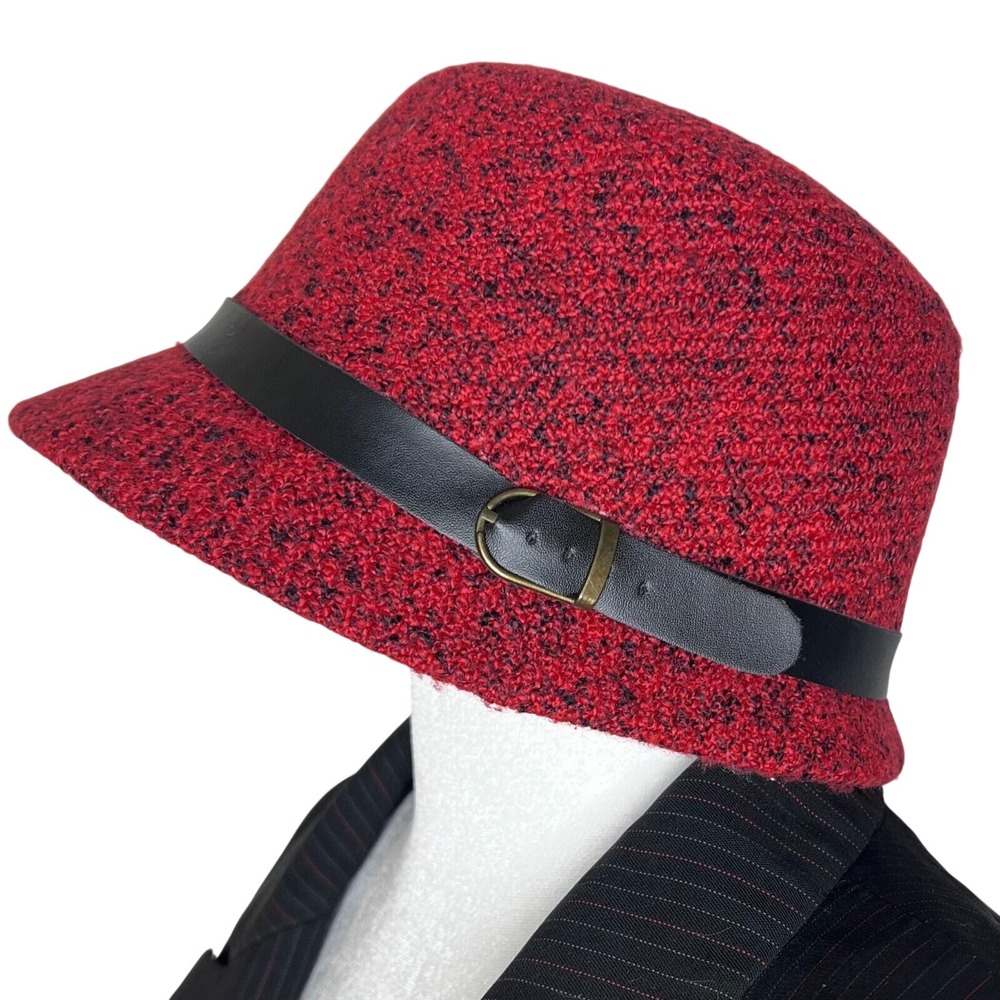 Women's Hat Belted Cloche Red Black Boucle Speckled OS Flapper‎ Retro Valentines